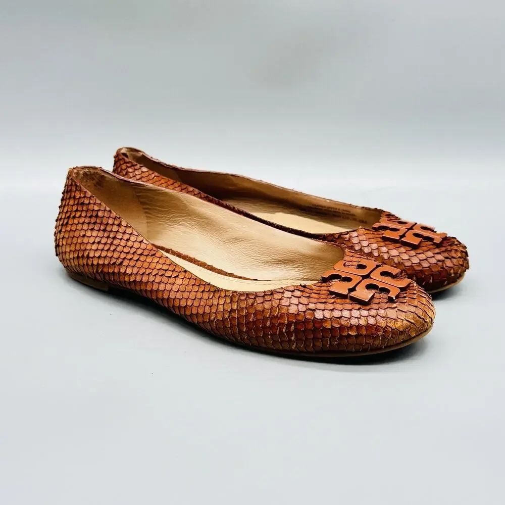 Tory Burch Shoes Womens 6 Brown Leather Snake Embossed Ballet Flats Logo Slip On